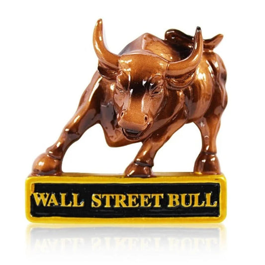 3D ceramic Wall Street bull statue fridge magnet with glossy bronze finish.