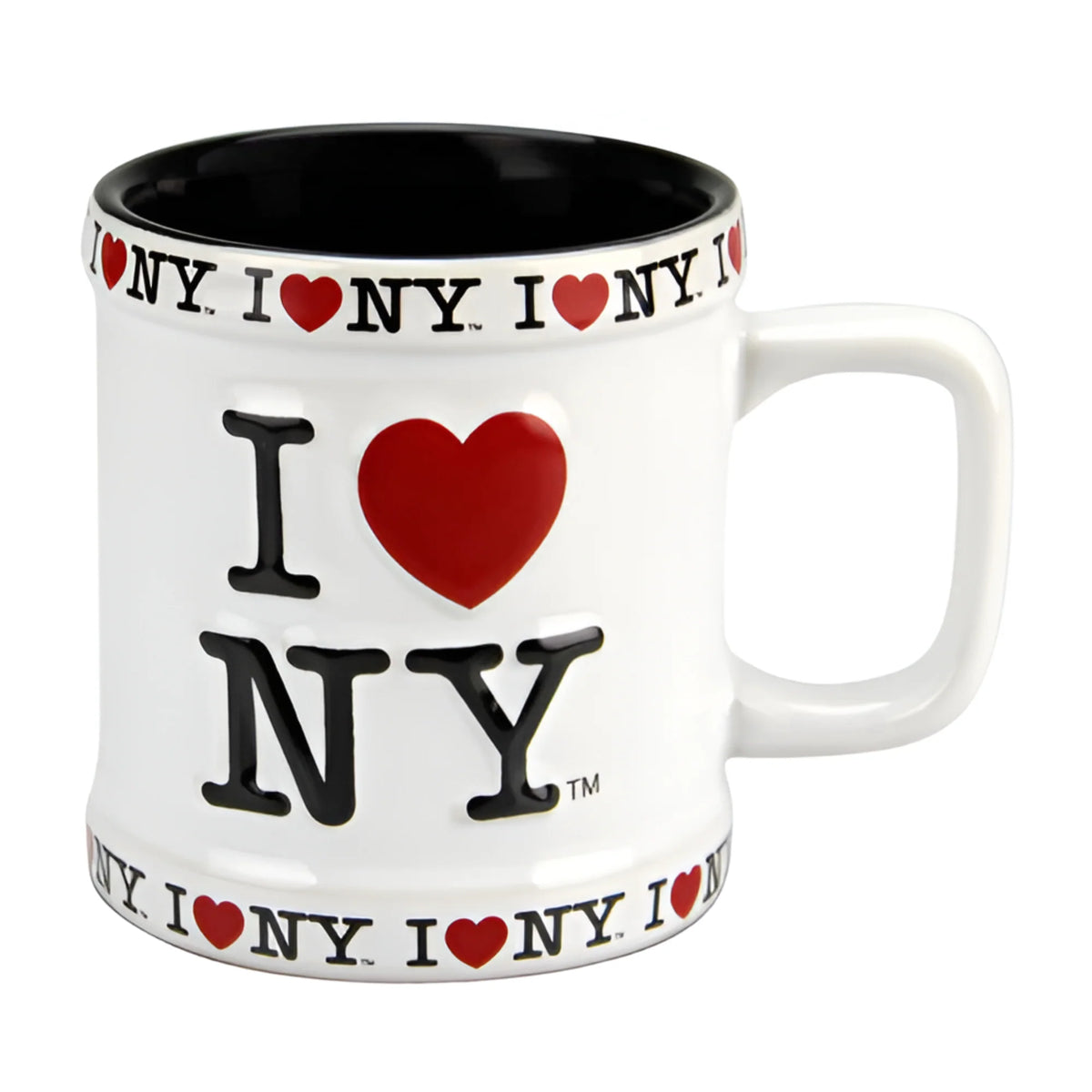 White I LOVE NY mug with repeating logo