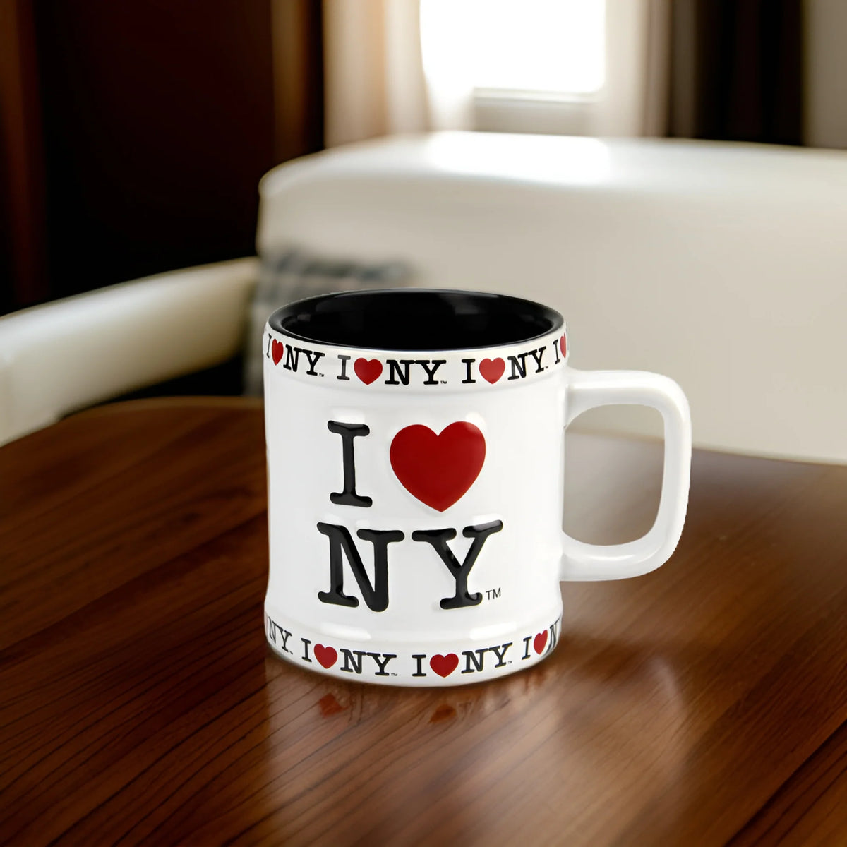 I Love NY White Mug with Repeating Logo Design