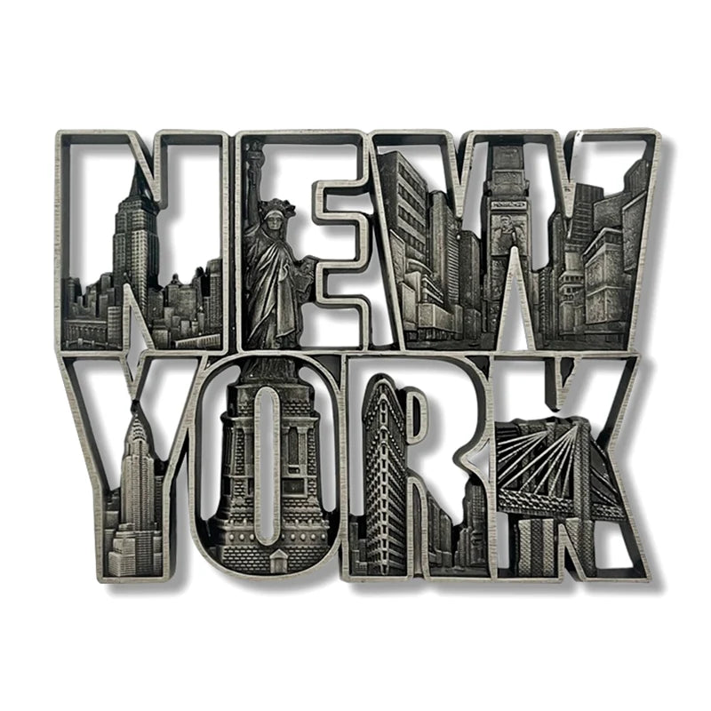 Stacked metal magnet featuring etched New York City landmarks.
