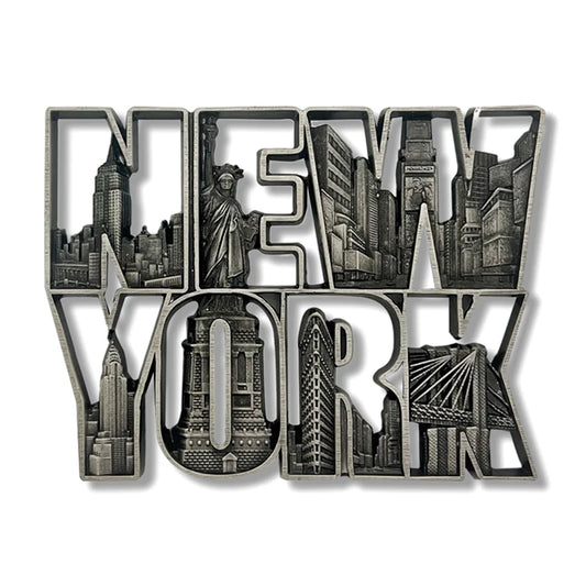 Stacked metal magnet featuring etched New York City landmarks.