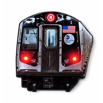 Acrylic magnet featuring NYC M Train subway car design for souvenirs
