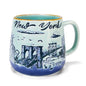 Sky blue ceramic mug with etched New York City skyline design